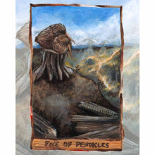 Load image into Gallery viewer, An art print of the five of cups card, from the animism tarot: a marbled salamander hides in a cave as the rain falls and the sun slowly rises
