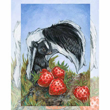 Load image into Gallery viewer, an art print of the four of pentacles, from the animism tarot: a skunk guards four large strawberries.
