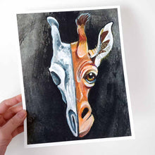 Load image into Gallery viewer, This illustration features a giraffe's face on the right side and a stylized giraffe skull on the left side. A creepy yet cute art print for giraffe lovers!
