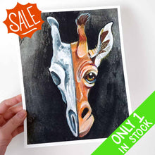 Load image into Gallery viewer, This illustration features a giraffe's face on the right side and a stylized giraffe skull on the left side. A creepy yet cute art print for giraffe lovers!
