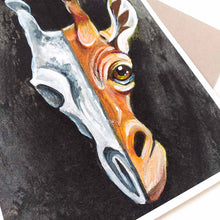 Load image into Gallery viewer, This illustration features a giraffe's face on the right side and a stylized giraffe skull on the left side. A creepy yet cute art print for giraffe lovers!
