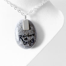 Load image into Gallery viewer, the back of the tree swing stone necklace, signed with "Rainbow of Crazy"
