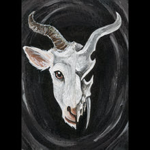 Load image into Gallery viewer, an illustration features a split image: a white horned goat's head on the left side, and a darker, stylized goat skull on the right
