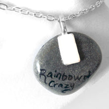 Load image into Gallery viewer, the back of the grey tabby cat necklace, signed with "Rainbow of Crazy"
