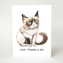 Load image into Gallery viewer, a greeting card featuring an illustration of a very grumpy brown and white cat with blue eyes. underneath the cat is the text, "Yeah. Thanks a lot."
