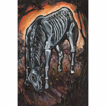 Load image into Gallery viewer, art art print of a black horse, head bent down ot the ground, its skeleton glowing through its skin
