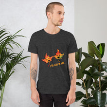 Load image into Gallery viewer, A man wearing the I Believe in You Leaf Premium Unisex T-Shirt in the colour dark heather grey, which includes art of two maple leaves and the words, "I be-leaf in you"
