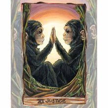 Load image into Gallery viewer, An art print of the Justice tarot card from the animism tarot. A pair of chimpanzees face each other, pressing a hand against the other's.
