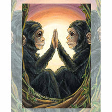 Load image into Gallery viewer, An art print of the Justice tarot card from the animism tarot. A pair of chimpanzees face each other, pressing a hand against the other's.

