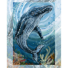Load image into Gallery viewer, an art print featuring the King of cups from the Animism tarot: a great humpback whale swimming over his kingdom.
