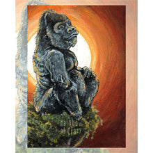 Load image into Gallery viewer, This art print features the King of Pentacles from the Animism Tarot: a silverback gorilla sitting on the edge of a cliff as the sun rises around him

