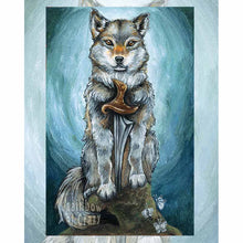 Load image into Gallery viewer, An art print of the King of Swords from the Animism Tarot. It features a grey wolf sitting on the top of a cliff, with a sword set in front of him.
