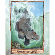 Load image into Gallery viewer, an art print of the knight of cups, from the Animism tarot: a hippopotamus dives into the water, swimming past an open oyster.
