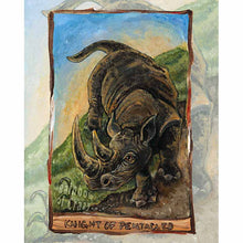 Load image into Gallery viewer, Art print of the knight of pentacles card, from the Animism tarot: a black rhinoceros comes down from a hill. 
