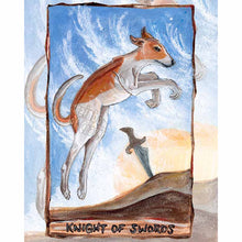 Load image into Gallery viewer, Art print of the Knight of Swords card from the Animism Tarot: a greyhound leaps through the air. A single sword stands in the distance.
