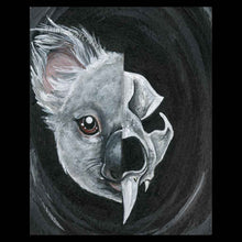 Load image into Gallery viewer, This art print features two sides of a koala: the left side shows half of a koala's gave, while the right side reveals the koala's dark, stylized skull underneath
