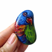 Load image into Gallery viewer, small rock art, hand painted with a rainbow lorikeet bird with red eyes
