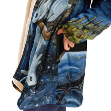 Load image into Gallery viewer, a woman wearing the Moon Tarot Cloak, featuring art from the Animism Tarot: a white rabbit looks at the reflection of the moon in the water
