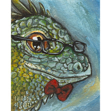 Load image into Gallery viewer, Art print of an iguana wearing black glasses and a red bow tie.
