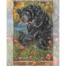 Load image into Gallery viewer, Art print of the nine of cups from the Animism tarot: a black bear holds a fish in her mouth, while her baby bear looks up eagerly. nine wine cup flowers surround them.
