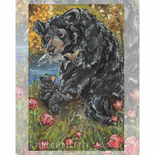 Load image into Gallery viewer, Art print of the nine of cups from the Animism tarot: a black bear holds a fish in her mouth, while her baby bear looks up eagerly. nine wine cup flowers surround them.
