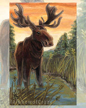 Load image into Gallery viewer, art print of the nine of Pentacles, from the Animism tarot: a moose stands tall in the Canadian wilderness, surrounded by weeds, reeds and trees against a sunset sky
