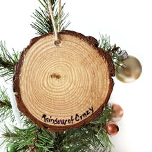 Load image into Gallery viewer, The back of a Ragamuffin cat wood ornament, signed with Rainbow of Crazy
