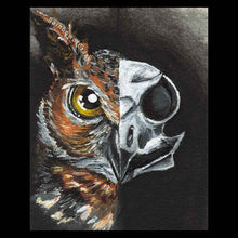 Load image into Gallery viewer, an illustration split into two sides: the left side, an owl's face. the right side, the owl's darker, stylized skull
