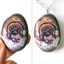 Load image into Gallery viewer, A portrait painting of a Pekingese dog as an angel with wings, painted on a small rock, available as a keepsake, fridge magnet, or pendant necklace
