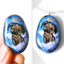 Load image into Gallery viewer, Named "Bug the Pug", a beach rock is painted with dog art of a pug as an angel, available as either a keepsake gift , fridge magnet, or pendant necklace
