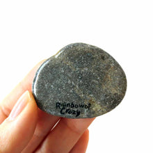 Load image into Gallery viewer, This small rock art features a butterfly painted with all the colours of the rainbow. the back is signed with, Rainbow of Crazy
