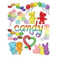 Load image into Gallery viewer, An art print with the word "candy", includes 10 different rainbow candies.
