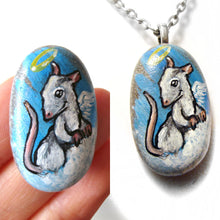 Load image into Gallery viewer, a pet portrait of a white and grey rat as an angel on clouds, painted on a beach rock. available as a beach stone, fridge magnet, or a pendant necklace
