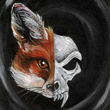 Load image into Gallery viewer, An art print split in half: the left side shows one side of a red fox's face, and the right side shows a stylized evil looking fox skull
