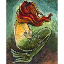 Load image into Gallery viewer, An art print of a mermaid with long red hair covering her face as she sits on the ocean floor with arms crossed
