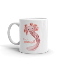 Load image into Gallery viewer, a white ceramic mug, 11 oz size, with an illustration of a smiling axolotl next to the text "Time to.. Relaxalotl"
