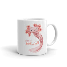 Load image into Gallery viewer, a white ceramic mug, 11 oz size, with an illustration of a smiling axolotl next to the text "Time to.. Relaxalotl"
