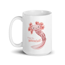 Load image into Gallery viewer, a white ceramic mug, 15 oz size, with an illustration of a smiling axolotl next to the text "Time to.. Relaxalotl"
