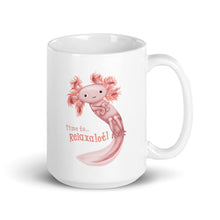 Load image into Gallery viewer, a white ceramic mug, 15 oz size, with an illustration of a smiling axolotl next to the text "Time to.. Relaxalotl"
