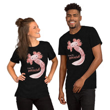 Load image into Gallery viewer, A woman and man are both wearing the Relax Axolotl Unisex Premium T-Shirt in the colour black heather, which includes a print of a smiling pink axolotl, and the words, "Time to.. Relaxalotl"
