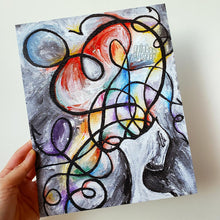 Load image into Gallery viewer, A surrealist art print on mental health, titled "Secret Anxiety", with a person's head opening up to crazy swirls of lines and rainbow colours taking over the entire image.
