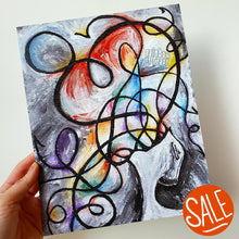 Load image into Gallery viewer, A surrealist art print on mental health, titled "Secret Anxiety", with a person's head opening up to crazy swirls of lines and rainbow colours taking over the entire image.
