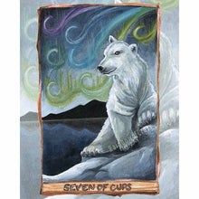 Load image into Gallery viewer, art print of the seven of cups tarot card, from the animism tarot. a polar bear sits on the edge of the ice, looking over dark waters. the sky is filled with the Northern lights.
