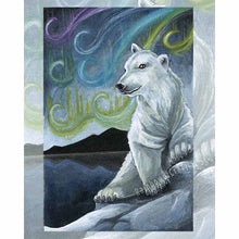 Load image into Gallery viewer, art print of the seven of cups tarot card, from the animism tarot. a polar bear sits on the edge of the ice, looking over dark waters. the sky is filled with the Northern lights.
