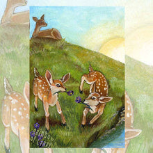 Load image into Gallery viewer, an art print of the six of cups tarot card from the animism tarot. two baby deer play in with crocus flowers in a field, with their mother watching over them in the distance.
