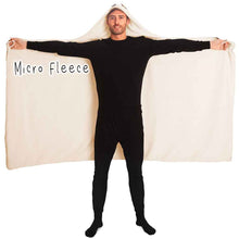 Load image into Gallery viewer, a man wears the Sleepy Cats Hooded Blanket, featuring illustrations of different sleeping cats, lined with micro fleece
