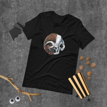 Load image into Gallery viewer, A premium unisex t-shirt in the colour black, features a print of a split image: a skull's face on the left side and a sloth skull on the right.
