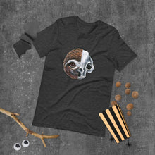 Load image into Gallery viewer, A premium unisex t-shirt in the colour dark grey heather, features a print of a split image: a skull's face on the left side and a sloth skull on the right.
