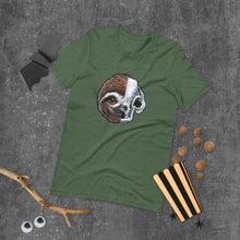 Load image into Gallery viewer, A premium unisex t-shirt in the colour heather forest, features art of a split image: a skull's face on the left side and a sloth skull on the right.
