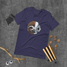 Load image into Gallery viewer, A premium unisex t-shirt in the colour red, features an illustration of a split image: a skull's face on the left side and a sloth skull on the right.  A premium unisex t-shirt in the colour heather navy, features an illustration of a split image: a skull's face on the left side and a sloth skull on the right.
